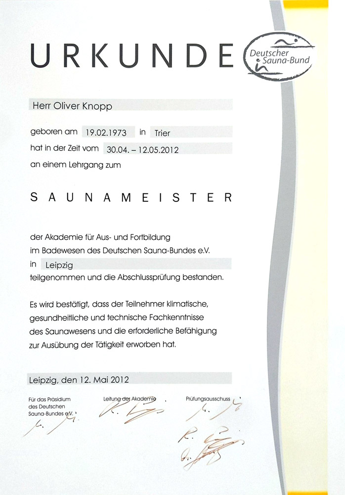 Urkunde Saunameister Oliver Knopp